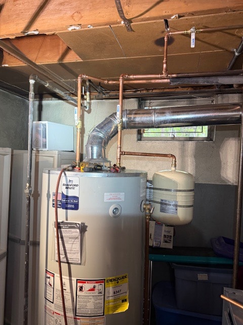 A Bradford White gas water heater on new copper, with an expansion tank on the cold feed and a galvanised flue